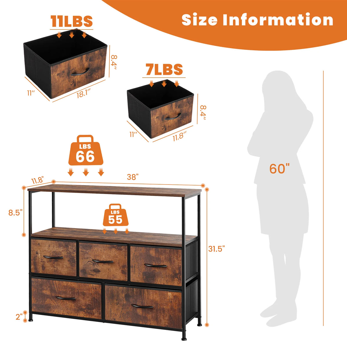 Shoe Cabinet Dresser with 5 Fabric Drawers Toy Storage TV Stand Multilayer Shoe Rack Space Saving Cabinet of Home Furniture