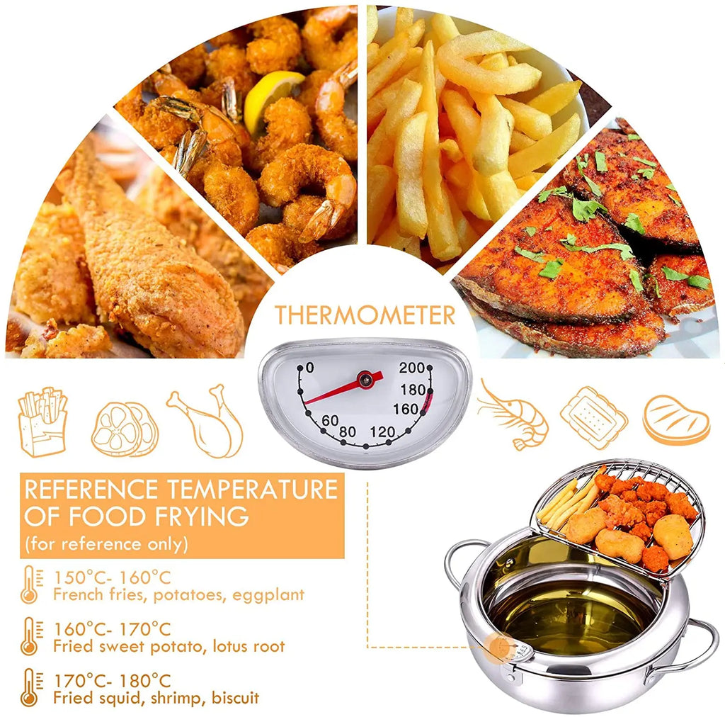 Japanese Deep Frying Pot with Thermometer & Lid – 304 Stainless Steel