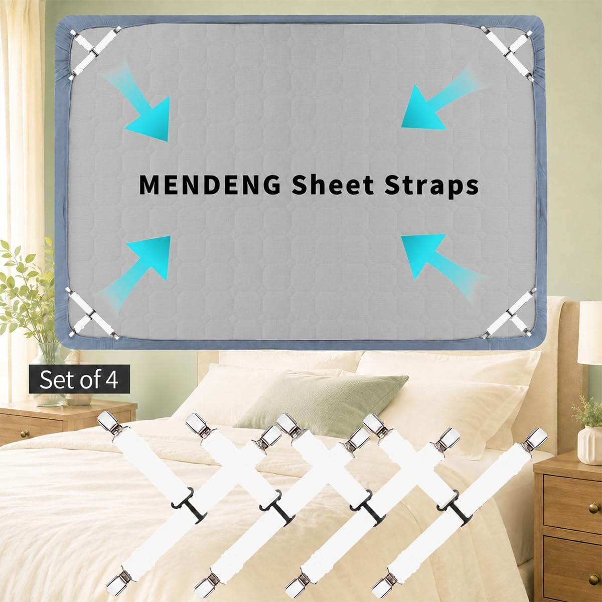 Adjustable Bed Sheet Straps — Fitted Sheet Holder, 4-Pack