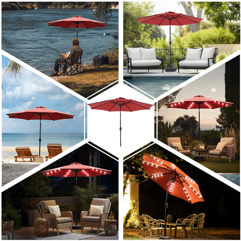 10FT Solar Patio Umbrella with 32 LED Lights Uv-Resistant Outdoor Table Umbrella with Tilt and Crank for Backyard Garden