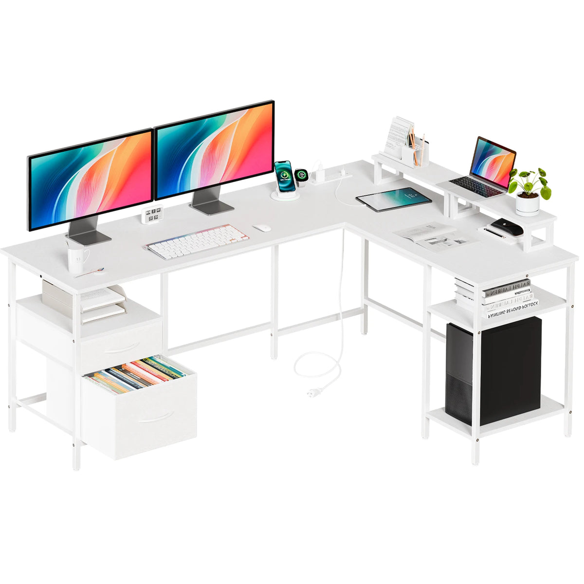 62IN L Shaped Computer Desk with 2 Drawers Wood Table with Adjustable Storage Shelves Charging Station Desk for Office