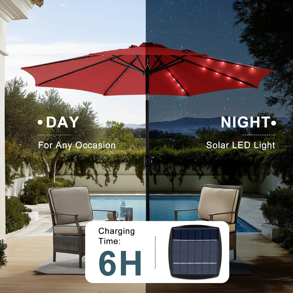 10FT Solar Patio Umbrella with 32 LED Lights Uv-Resistant Outdoor Table Umbrella with Tilt and Crank for Backyard Garden