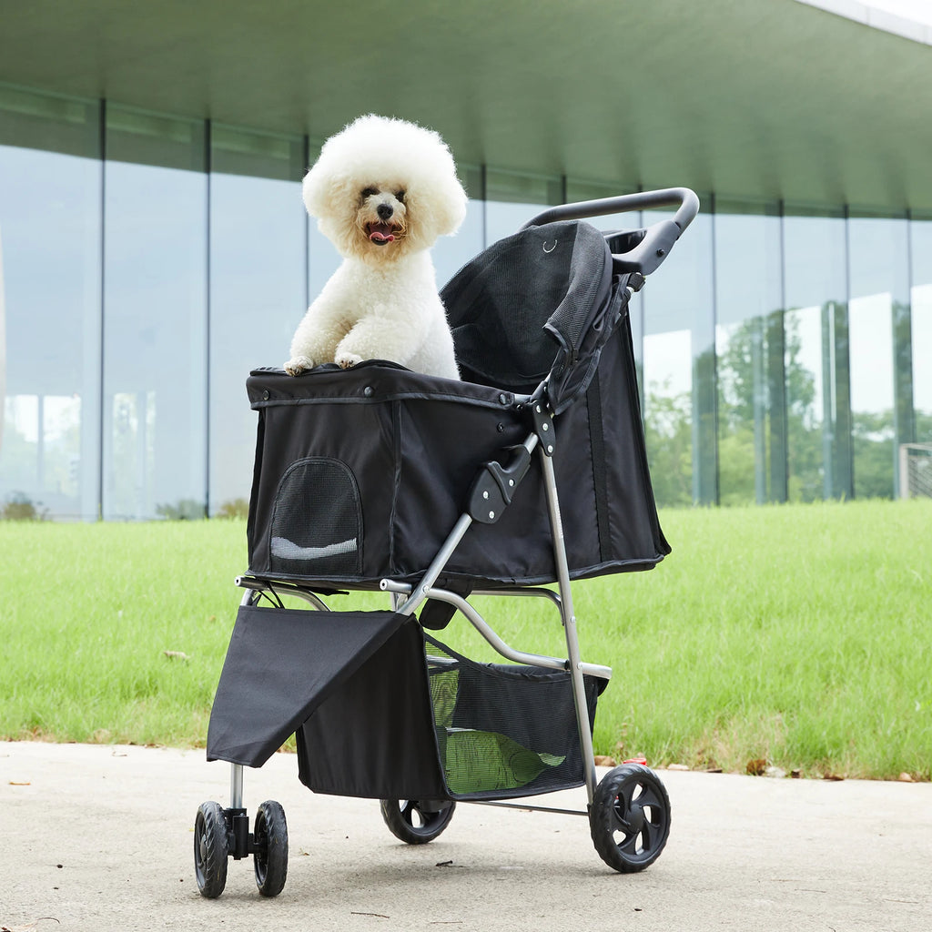 Foldable 3-Wheel Pet Stroller for Small Dogs & Cats — Mesh Windows & Storage Basket