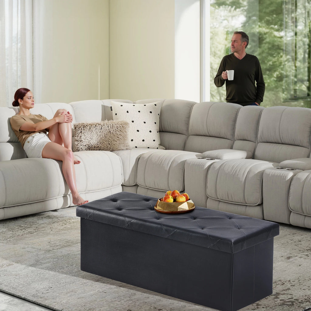 43 Inches Leather Folding Ottoman Storage Footstool Toy Box Bedroom Bench Load 660 Lbs Foot Rest Stool for Living Room