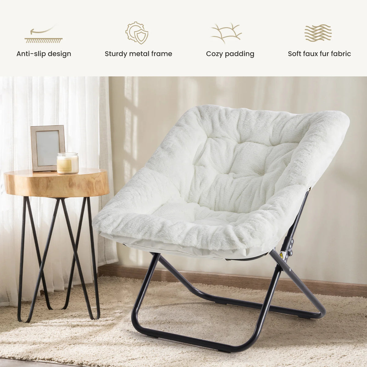 Cozy Faux Fur Saucer Chair — 28 In, Folding