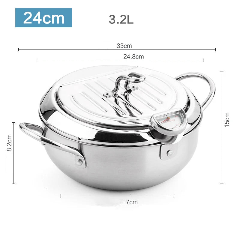 Japanese Deep Frying Pot with Thermometer & Lid – 304 Stainless Steel