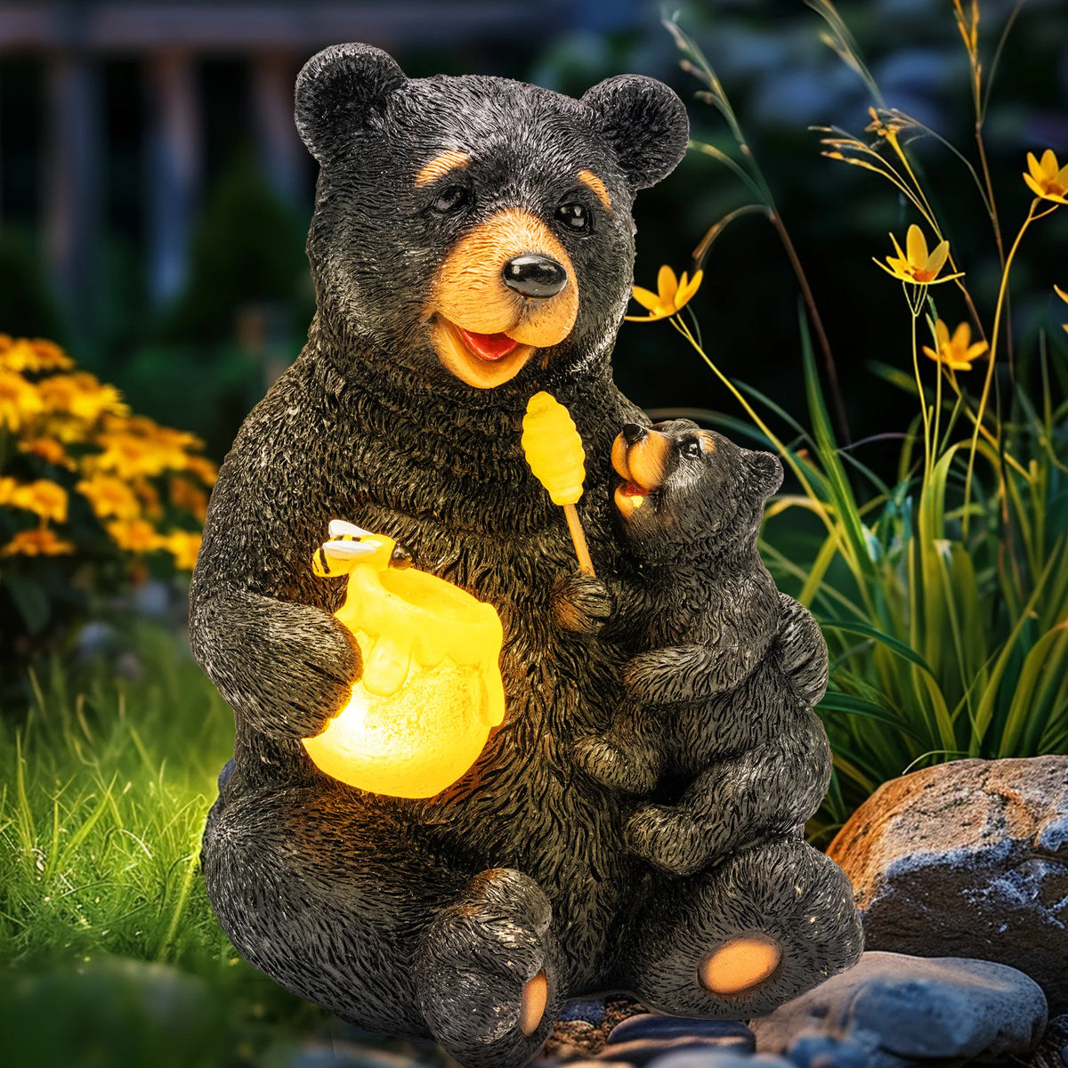 Solar Honey Bear Garden Statue with Light – Outdoor Yard Decor