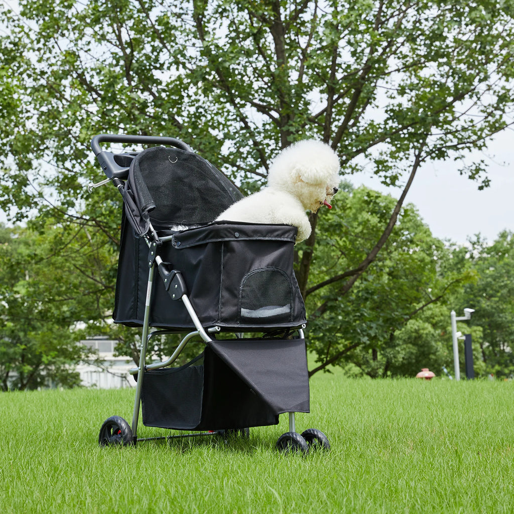 Foldable 3-Wheel Pet Stroller for Small Dogs & Cats — Mesh Windows & Storage Basket