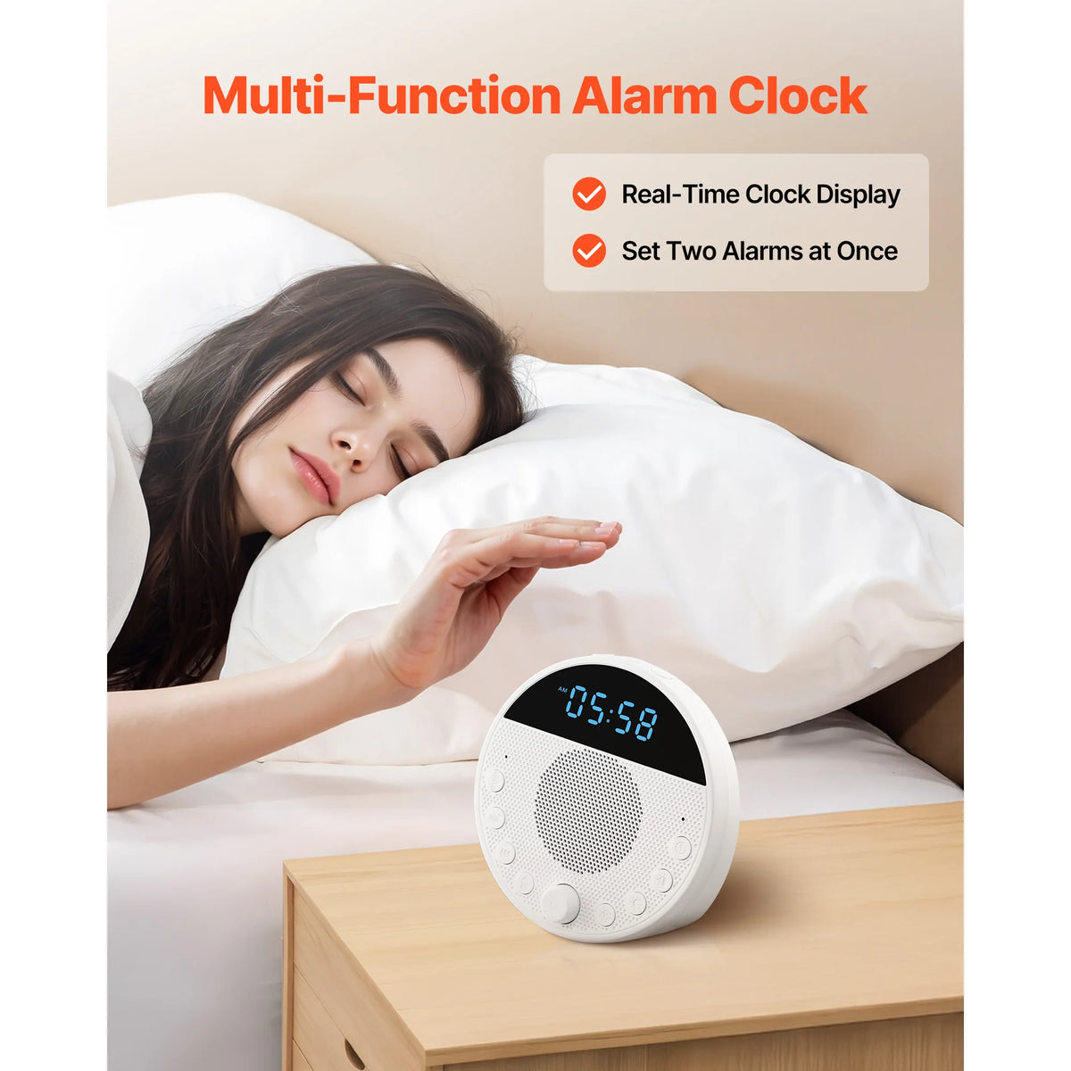 Succebuy Sound Machine 18 Soothing Sleep Sound and 7-Color Night Light 5-In-1 White Noise Sound Machine with Dual Alarm for Home