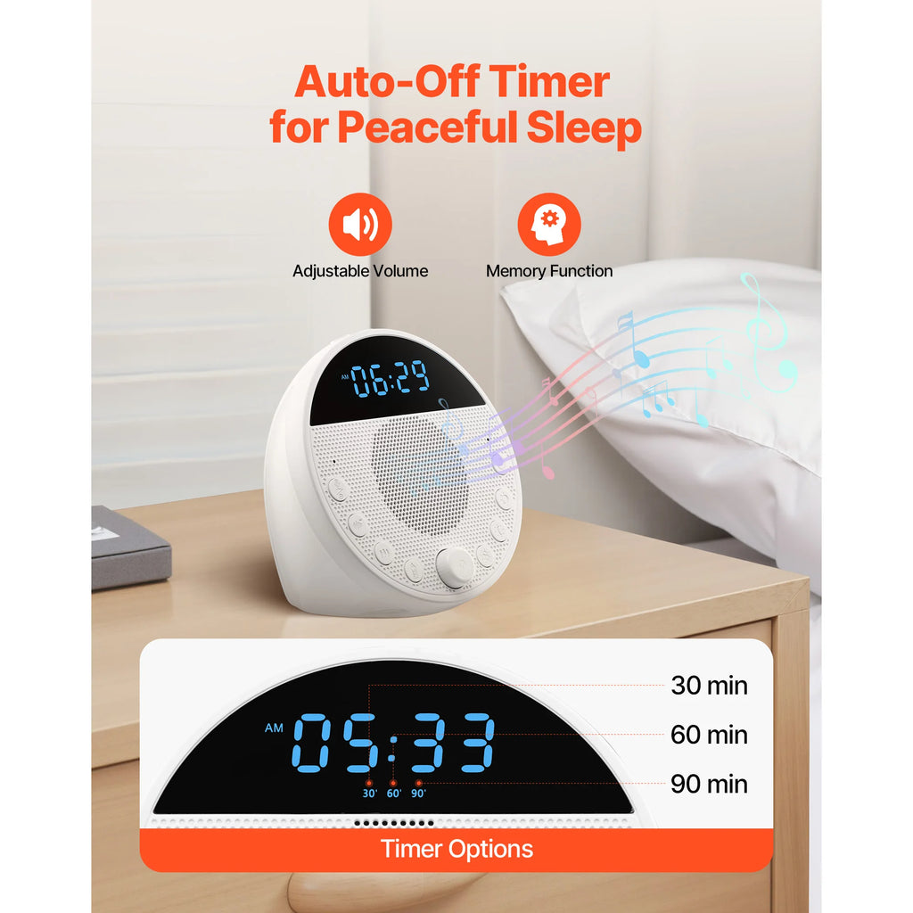 Succebuy Sound Machine 18 Soothing Sleep Sound and 7-Color Night Light 5-In-1 White Noise Sound Machine with Dual Alarm for Home
