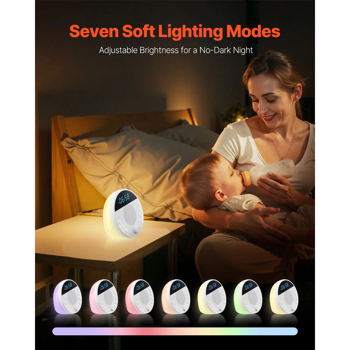Succebuy Sound Machine 18 Soothing Sleep Sound and 7-Color Night Light 5-In-1 White Noise Sound Machine with Dual Alarm for Home