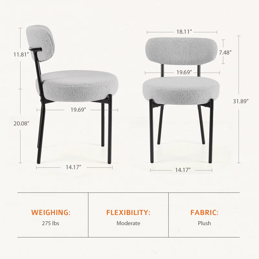 Ergonomic round Dining Chairs Set of 2 Plush Fabric Kitchen Chairs with Curved Backrest Metal Legs for Living Room