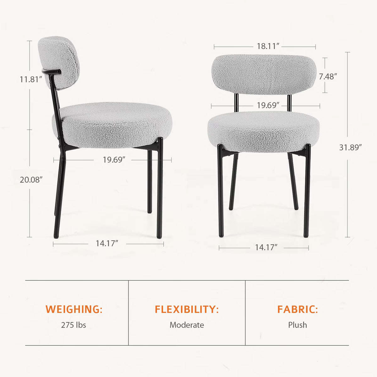 Ergonomic round Dining Chairs Set of 2 Plush Fabric Kitchen Chairs with Curved Backrest Metal Legs for Living Room