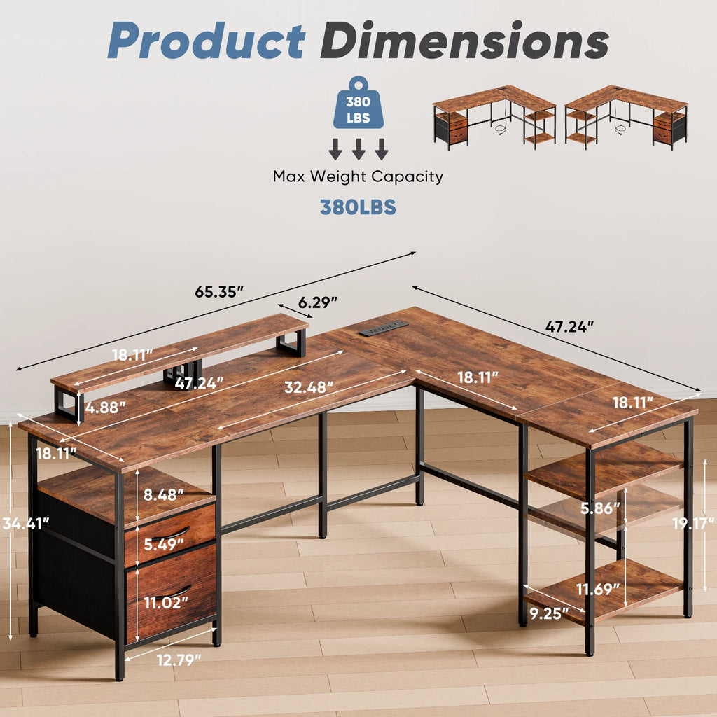 62IN L Shaped Computer Desk with 2 Drawers Wood Table with Adjustable Storage Shelves Charging Station Desk for Office