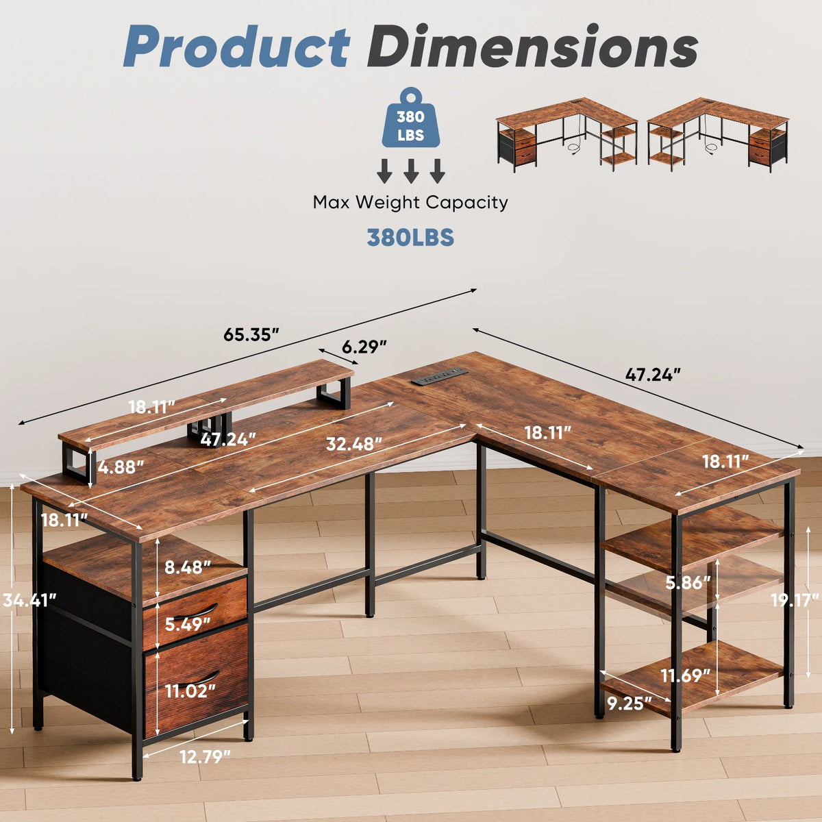 62IN L Shaped Computer Desk with 2 Drawers Wood Table with Adjustable Storage Shelves Charging Station Desk for Office