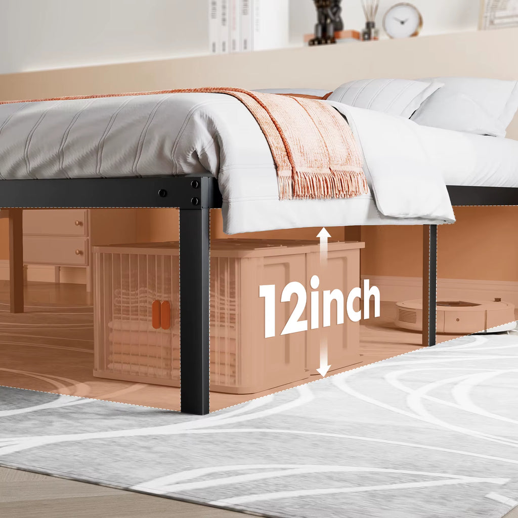 Basic Twin Full Queen King Size Bed Frame Metal Platform Bedroom Frames with Storage Space Sturdy Steel Slat Support 350LBS