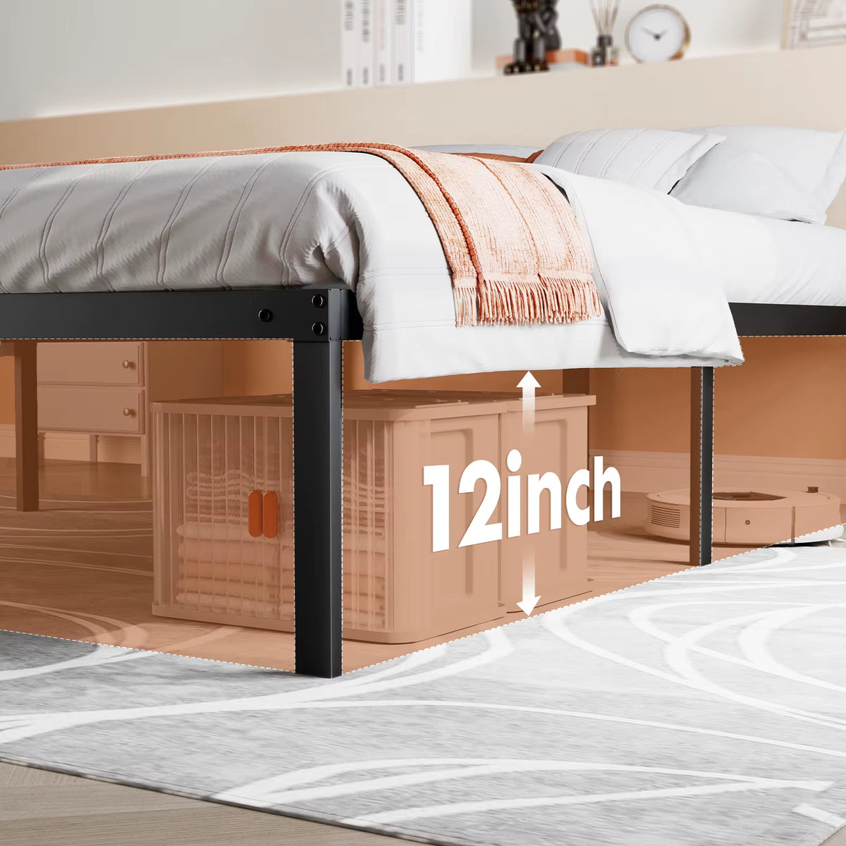 Basic Twin Full Queen King Size Bed Frame Metal Platform Bedroom Frames with Storage Space Sturdy Steel Slat Support 350LBS