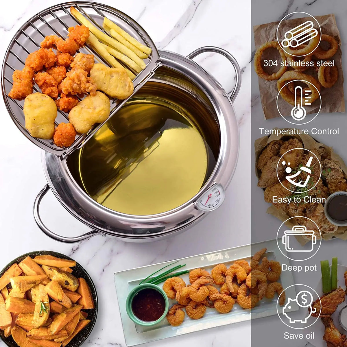 Japanese Deep Frying Pot with Thermometer & Lid – 304 Stainless Steel