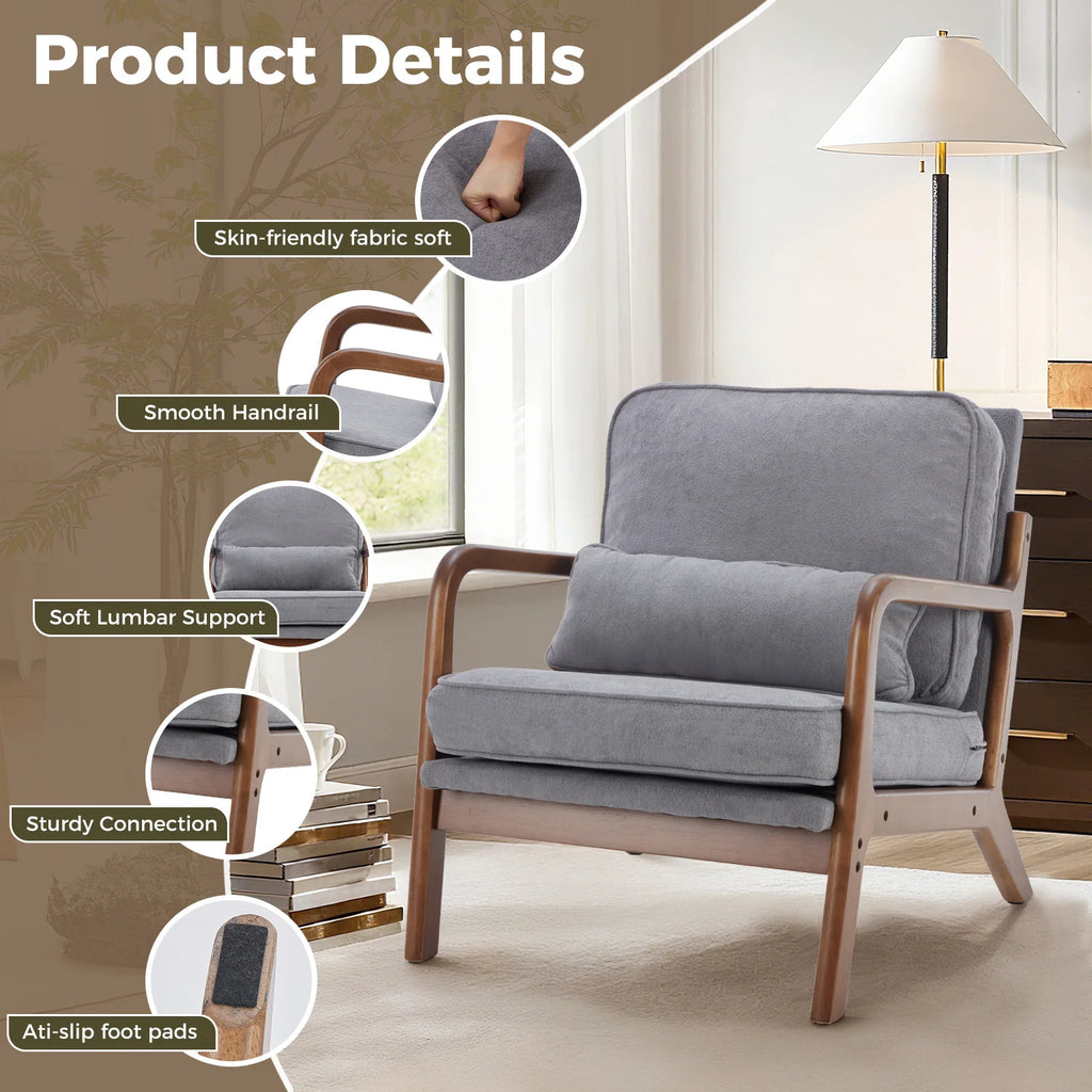 Mid Century Modern Chair Solid Wooden Frame Accent Chair with Arms and Waist Cushion Reading Chairs for Adults Lounge Chair