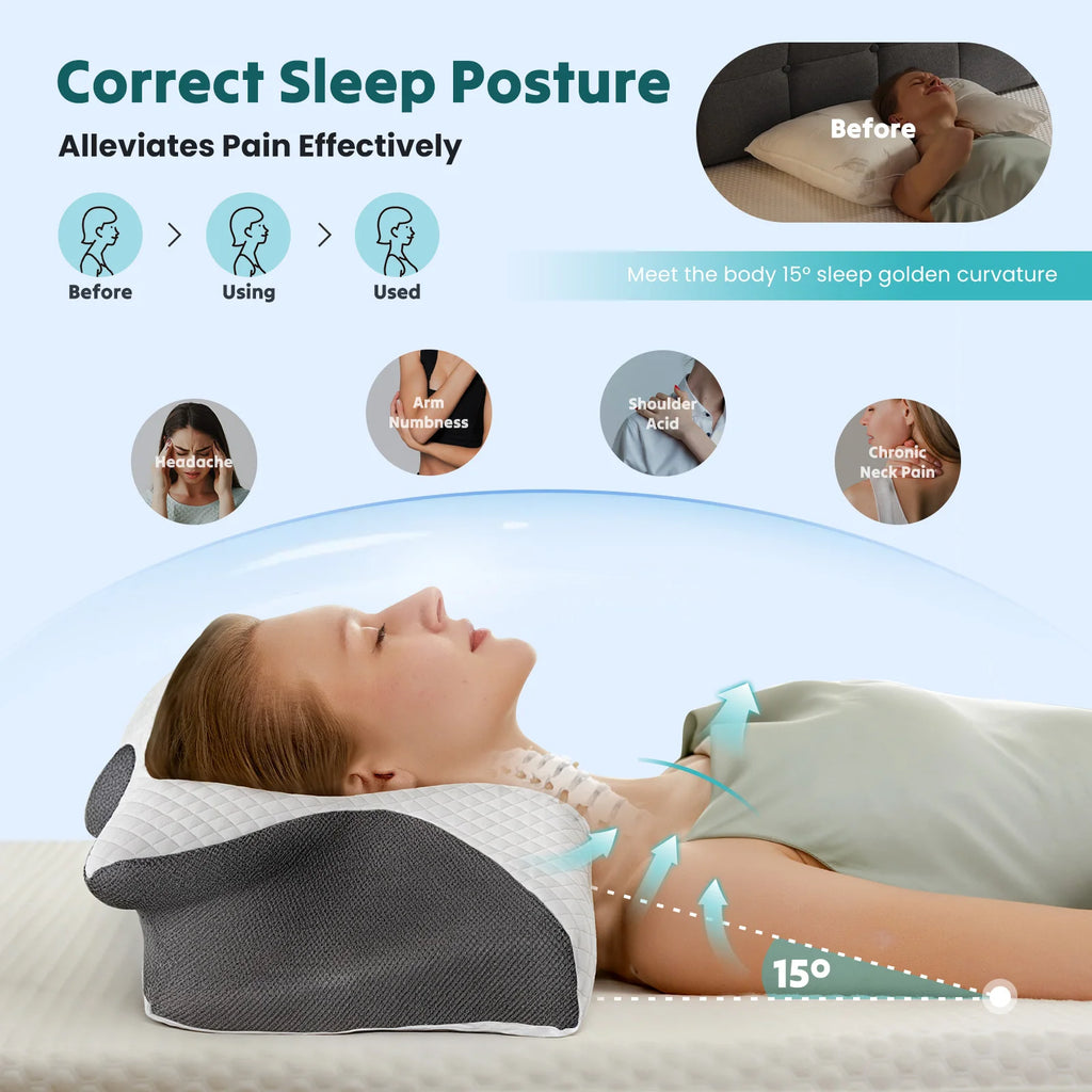 Ergonomic Cervical Neck Pillow — Memory Foam, Cooling Pillowcase