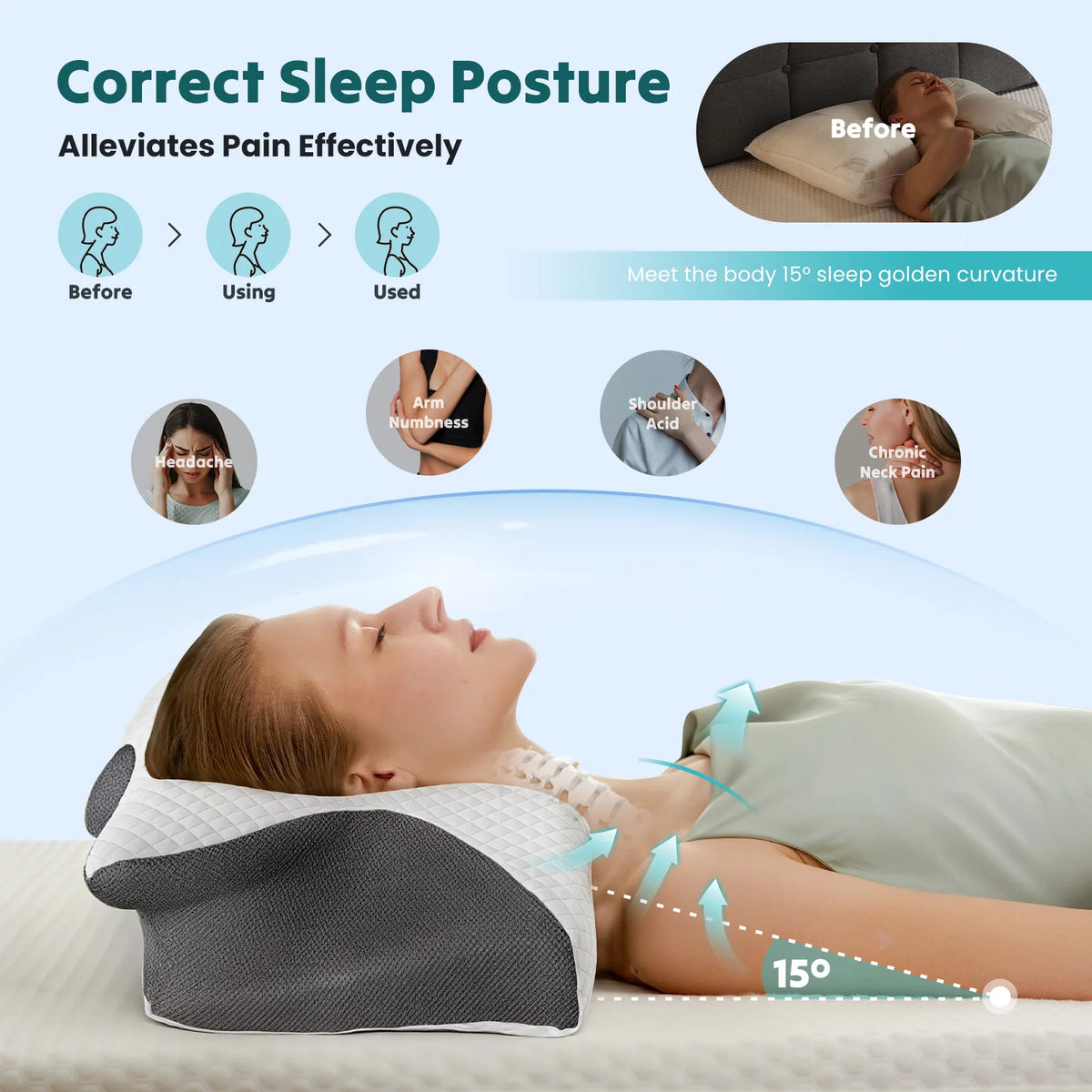 Ergonomic Cervical Neck Pillow — Memory Foam, Cooling Pillowcase