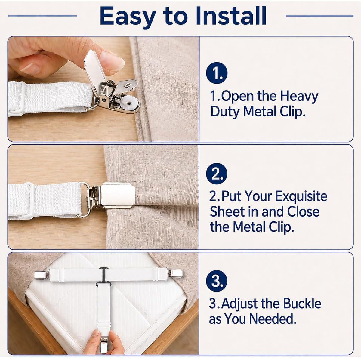Adjustable Bed Sheet Straps — Fitted Sheet Holder, 4-Pack