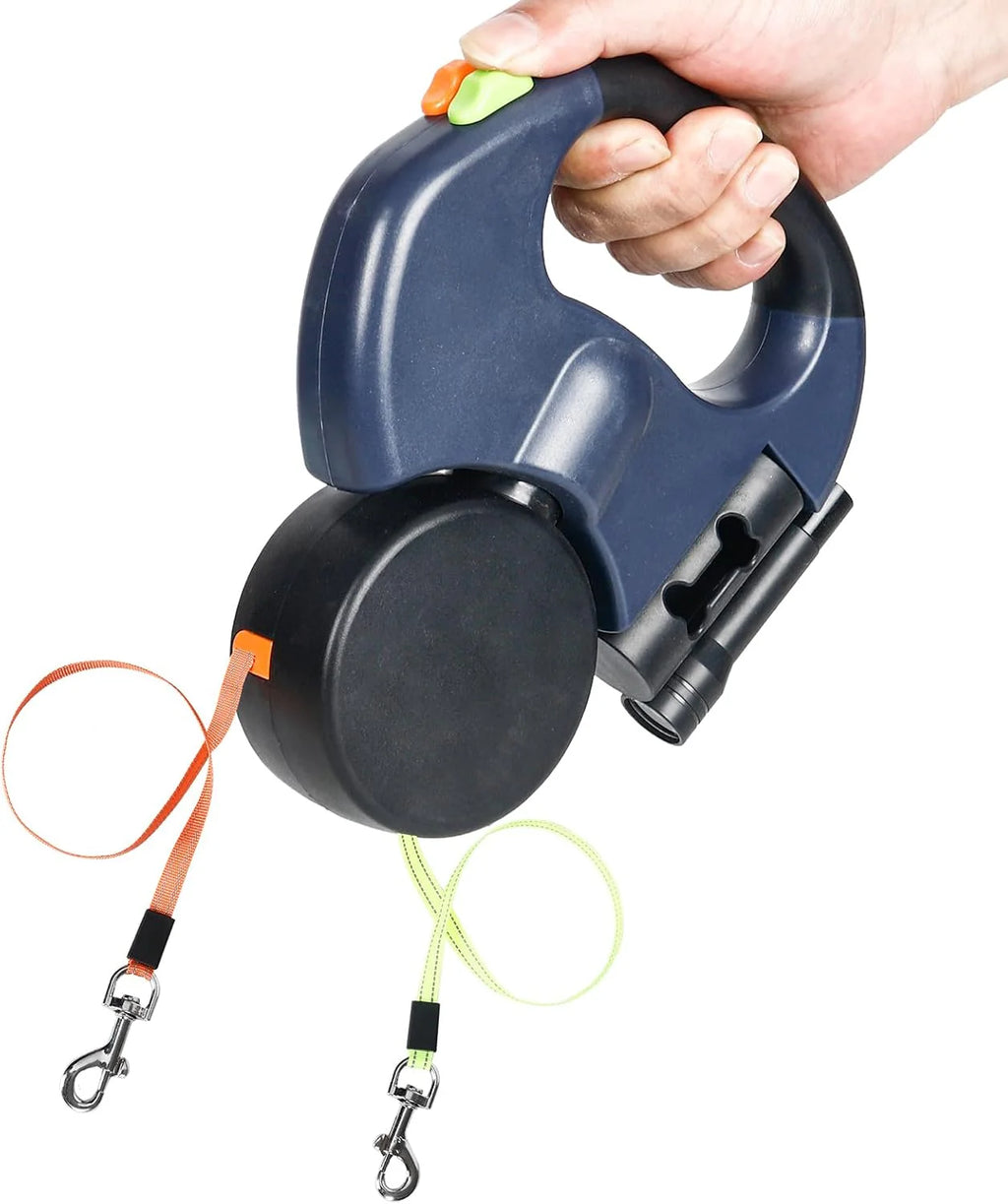 Dual Retractable Dog Leash for 2 Dogs – 360° Swivel, No-Tangle, Reflective