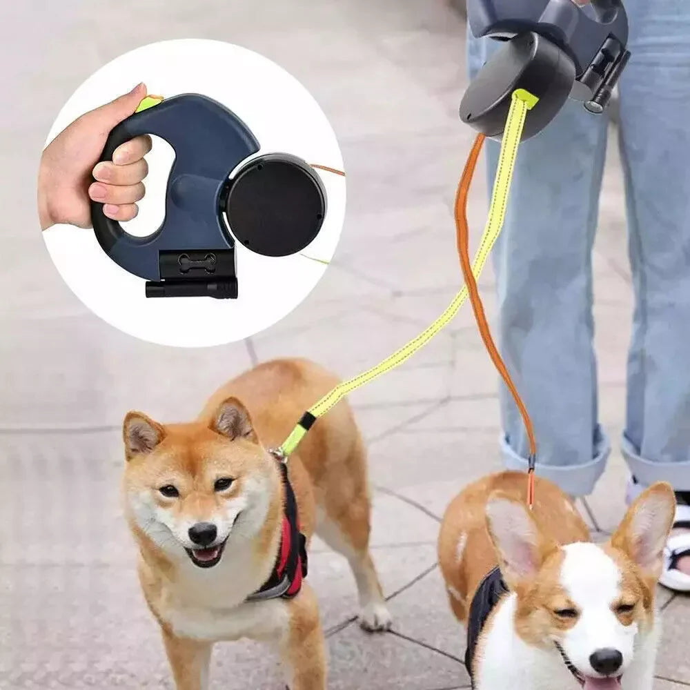 Dual Retractable Dog Leash for 2 Dogs – 360° Swivel, No-Tangle, Reflective
