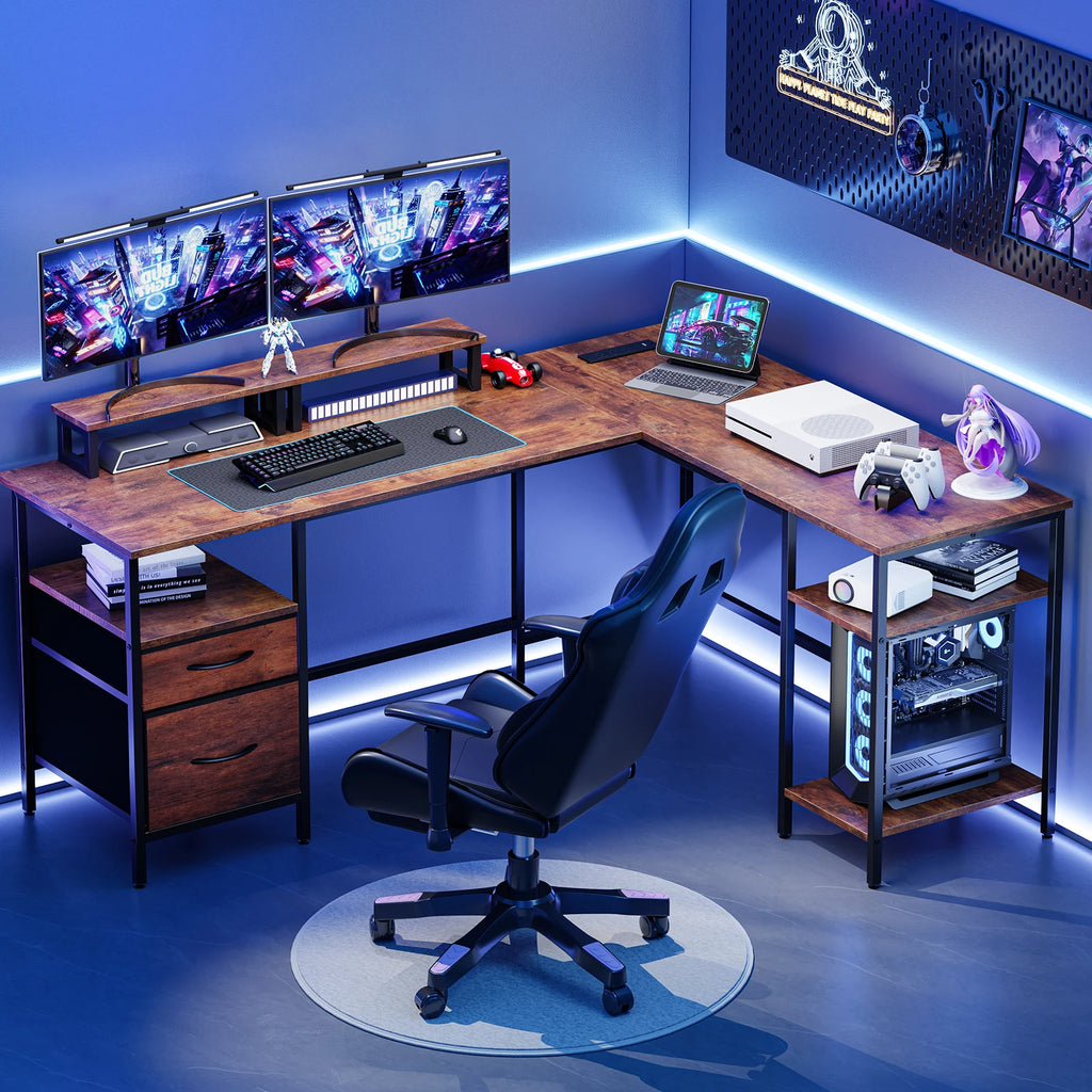 62IN L Shaped Computer Desk with 2 Drawers Wood Table with Adjustable Storage Shelves Charging Station Desk for Office