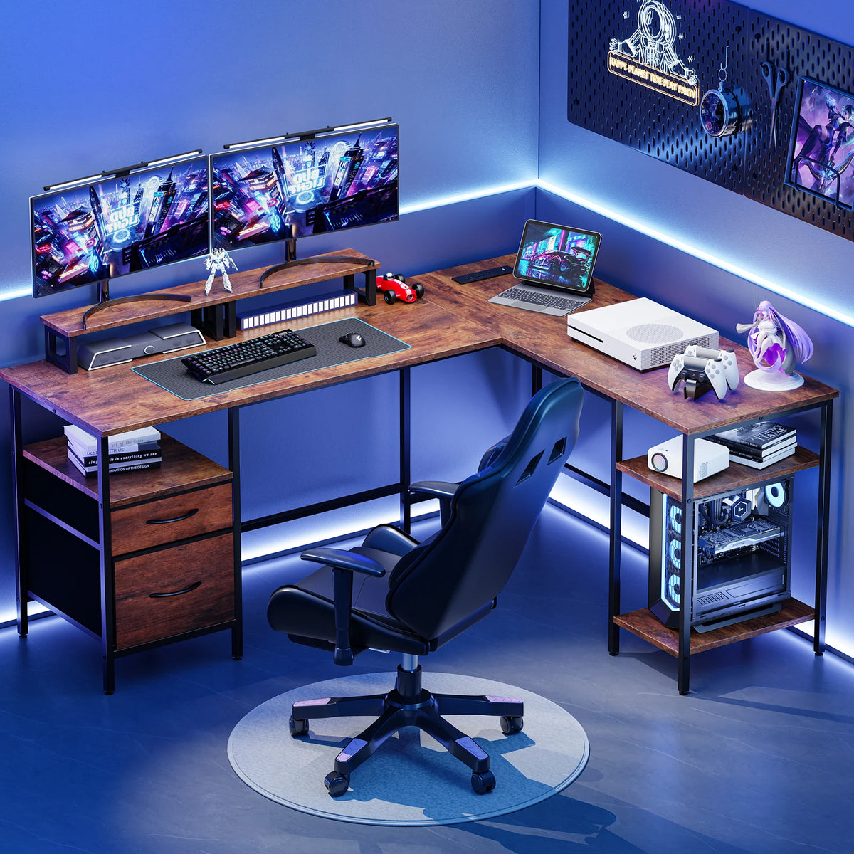62IN L Shaped Computer Desk with 2 Drawers Wood Table with Adjustable Storage Shelves Charging Station Desk for Office