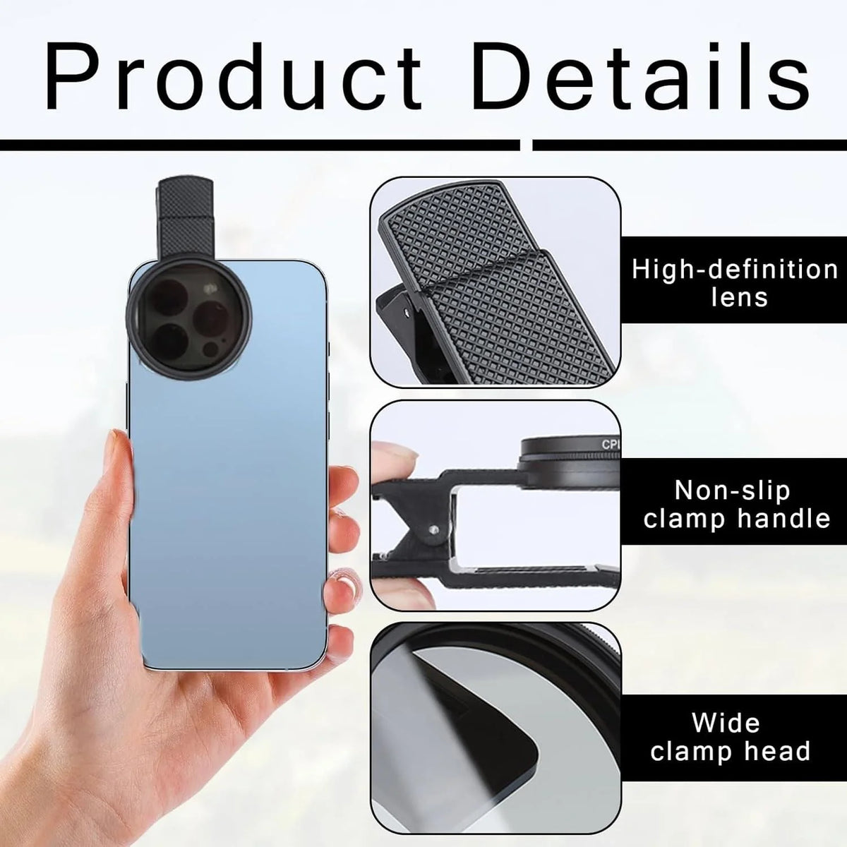 52Mm Professional Phone Camera Clip with Macro Lens CPL Star Variable ND Filter for All Smartphones Aluminum Alloy Thread - with CPL Filter,Round Hole