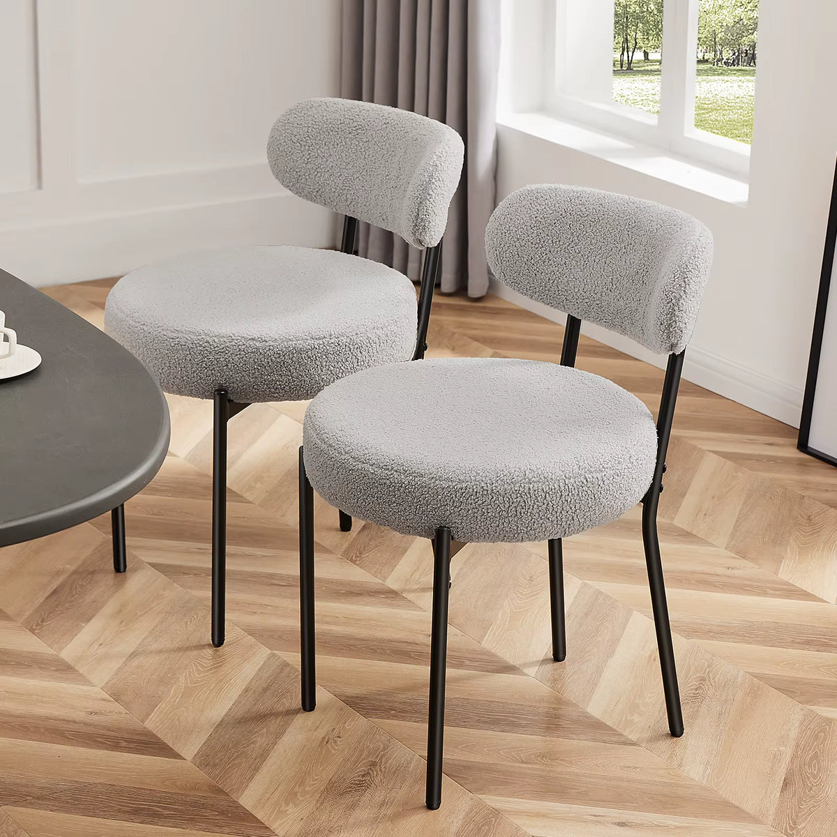 Ergonomic round Dining Chairs Set of 2 Plush Fabric Kitchen Chairs with Curved Backrest Metal Legs for Living Room