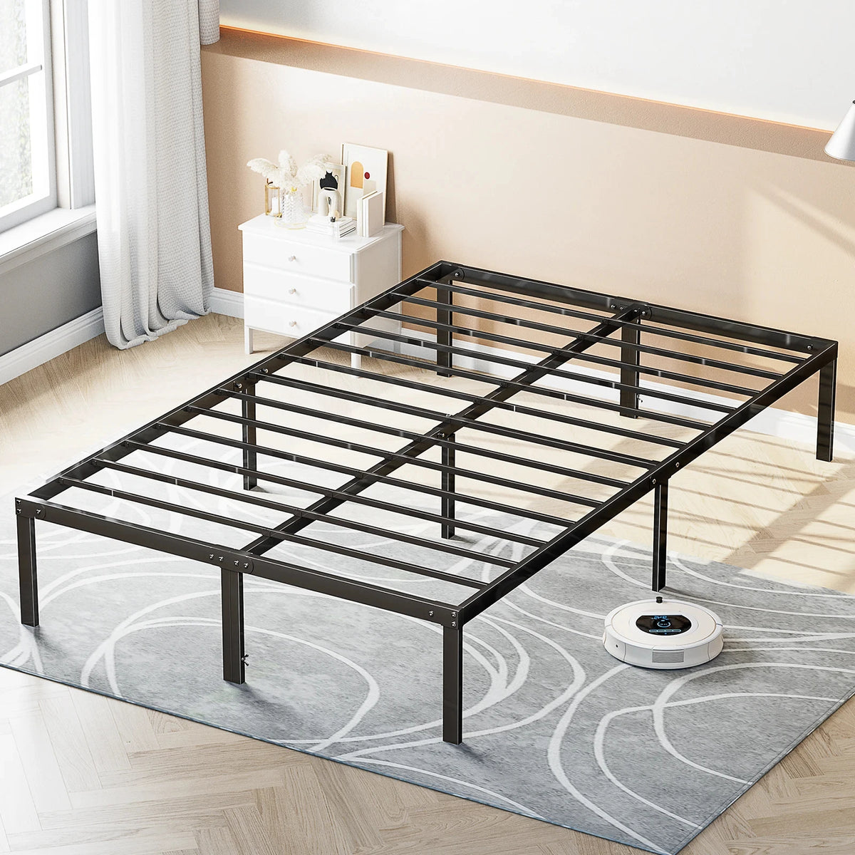 Basic Twin Full Queen King Size Bed Frame Metal Platform Bedroom Frames with Storage Space Sturdy Steel Slat Support 350LBS