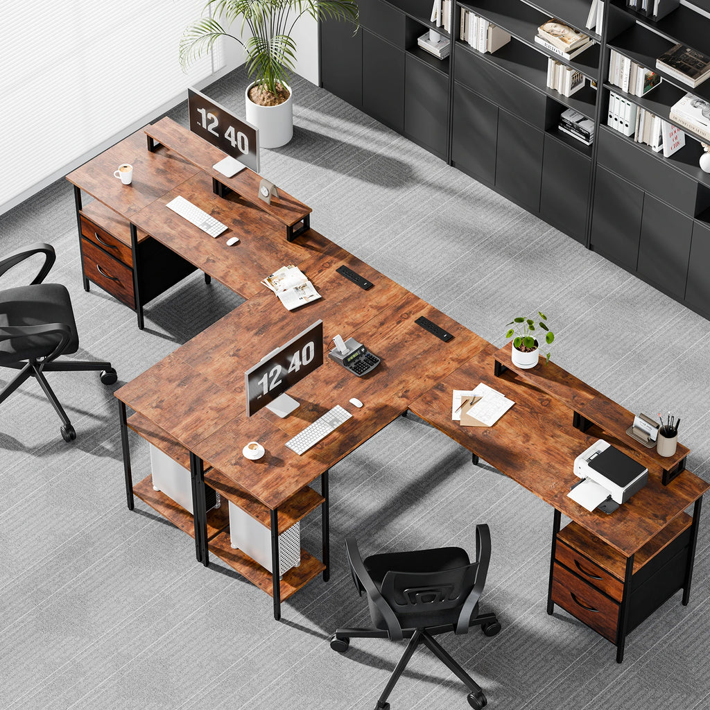62IN L Shaped Computer Desk with 2 Drawers Wood Table with Adjustable Storage Shelves Charging Station Desk for Office