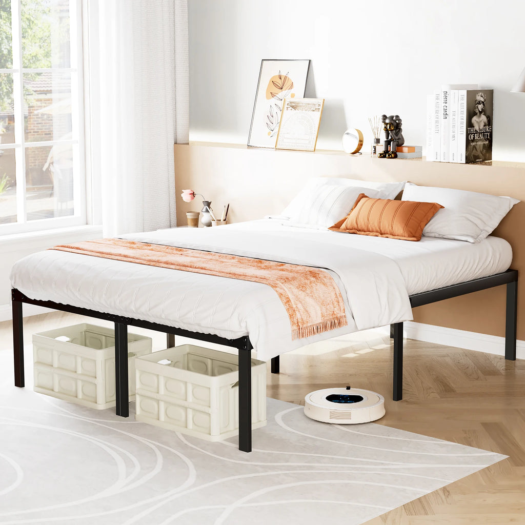 Basic Twin Full Queen King Size Bed Frame Metal Platform Bedroom Frames with Storage Space Sturdy Steel Slat Support 350LBS