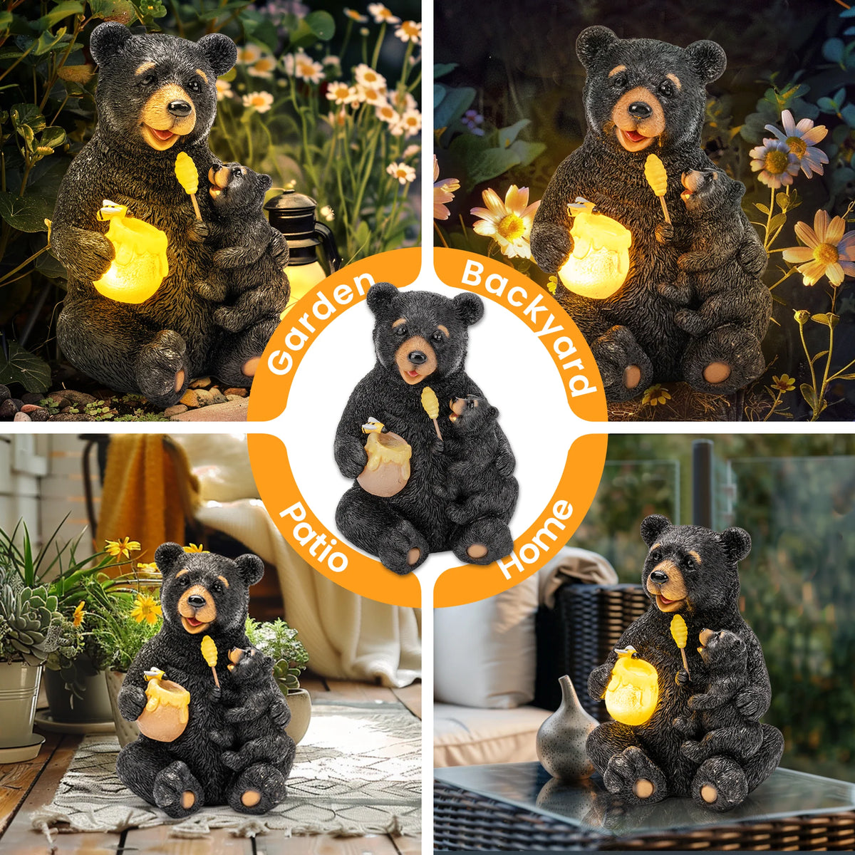 Solar Honey Bear Garden Statue with Light – Outdoor Yard Decor