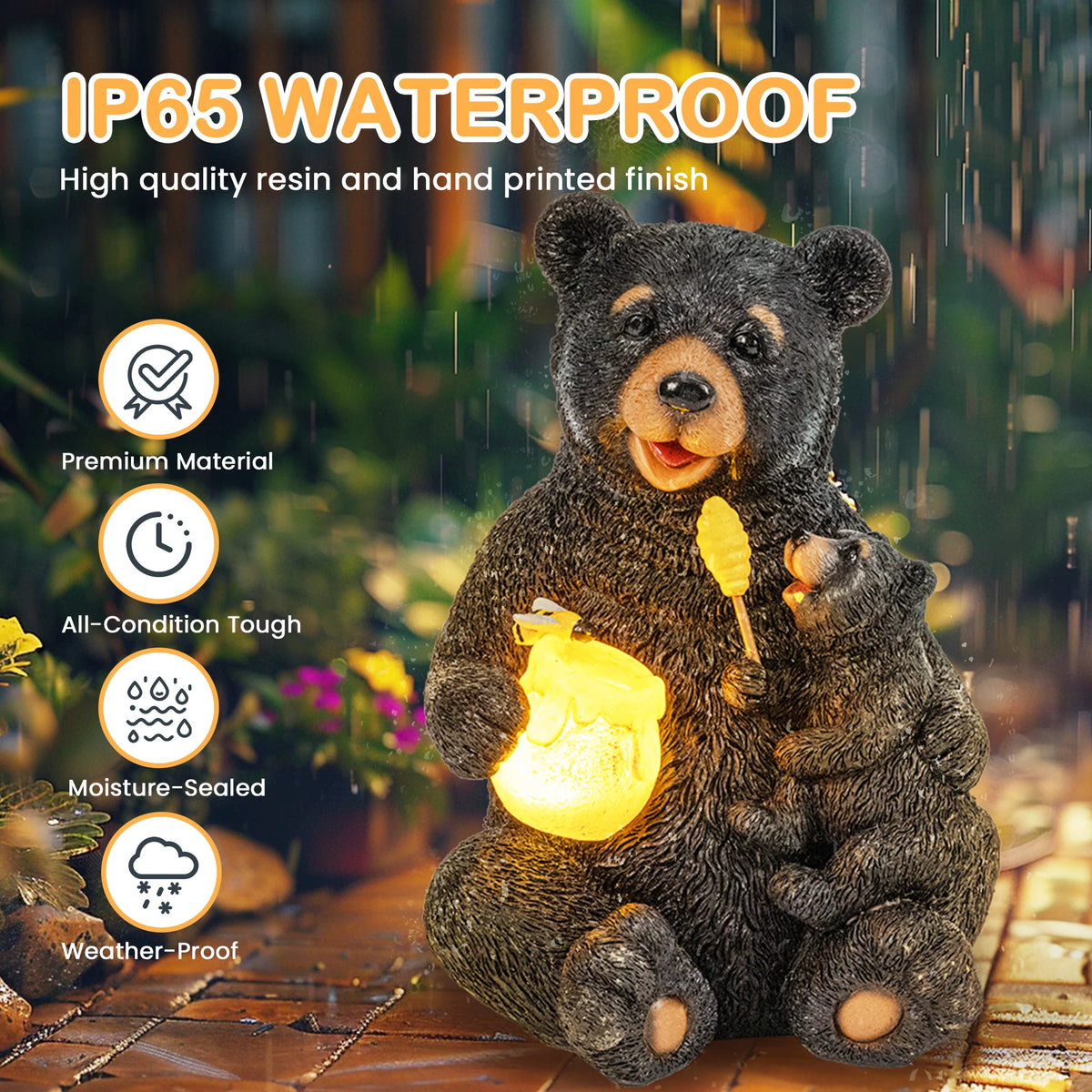 Solar Honey Bear Garden Statue with Light – Outdoor Yard Decor