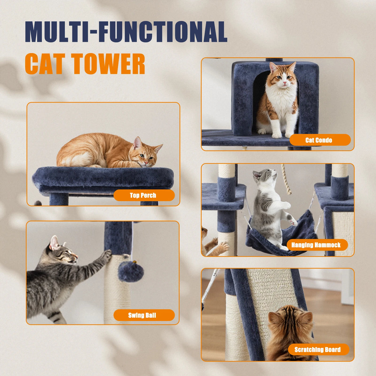 63In Cat Tree Tall Multi-Cat Climbing Tower for Pet Furniture Natural Sisal Scratching Posts Stable Pet House for Indoor Cat