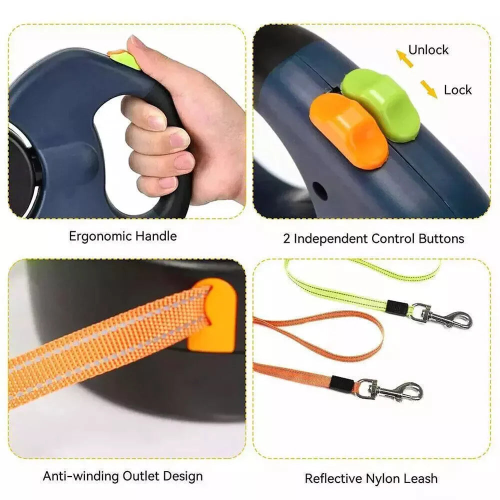 Dual Retractable Dog Leash for 2 Dogs – 360° Swivel, No-Tangle, Reflective