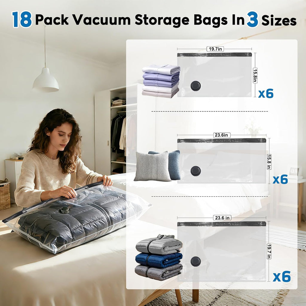Travel Vacuum Bags with -60000Pa LED Pump, 18 Pack Vacuum Seal Bags for Clothing Travel in 3 Combo Sizes, Vacuums Storage Bags for Clothes, save 80% of Space (18 Combo)