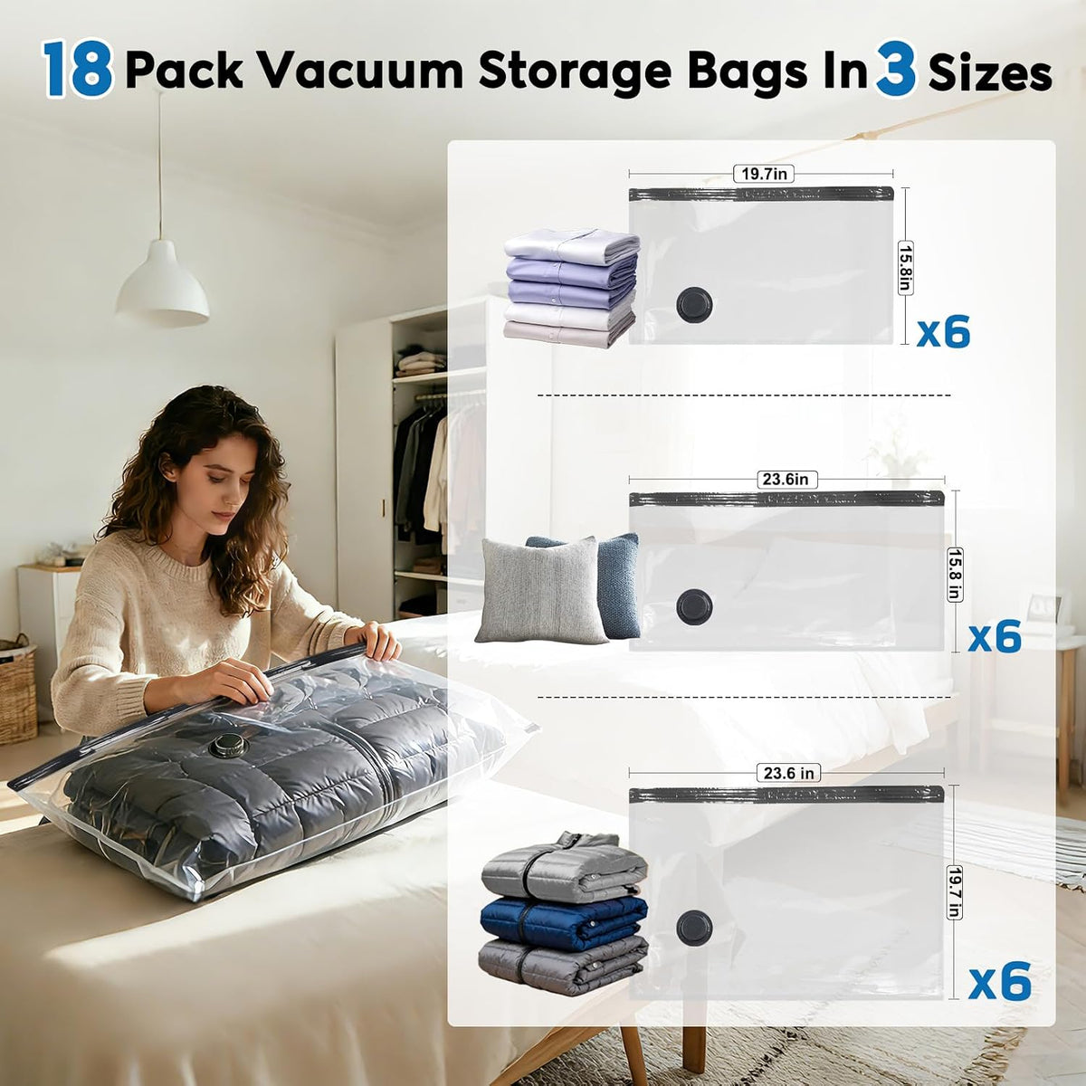 Travel Vacuum Bags with -60000Pa LED Pump, 18 Pack Vacuum Seal Bags for Clothing Travel in 3 Combo Sizes, Vacuums Storage Bags for Clothes, save 80% of Space (18 Combo)