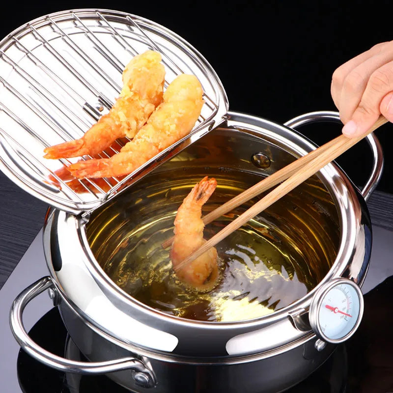 Japanese Deep Frying Pot with Thermometer & Lid – 304 Stainless Steel