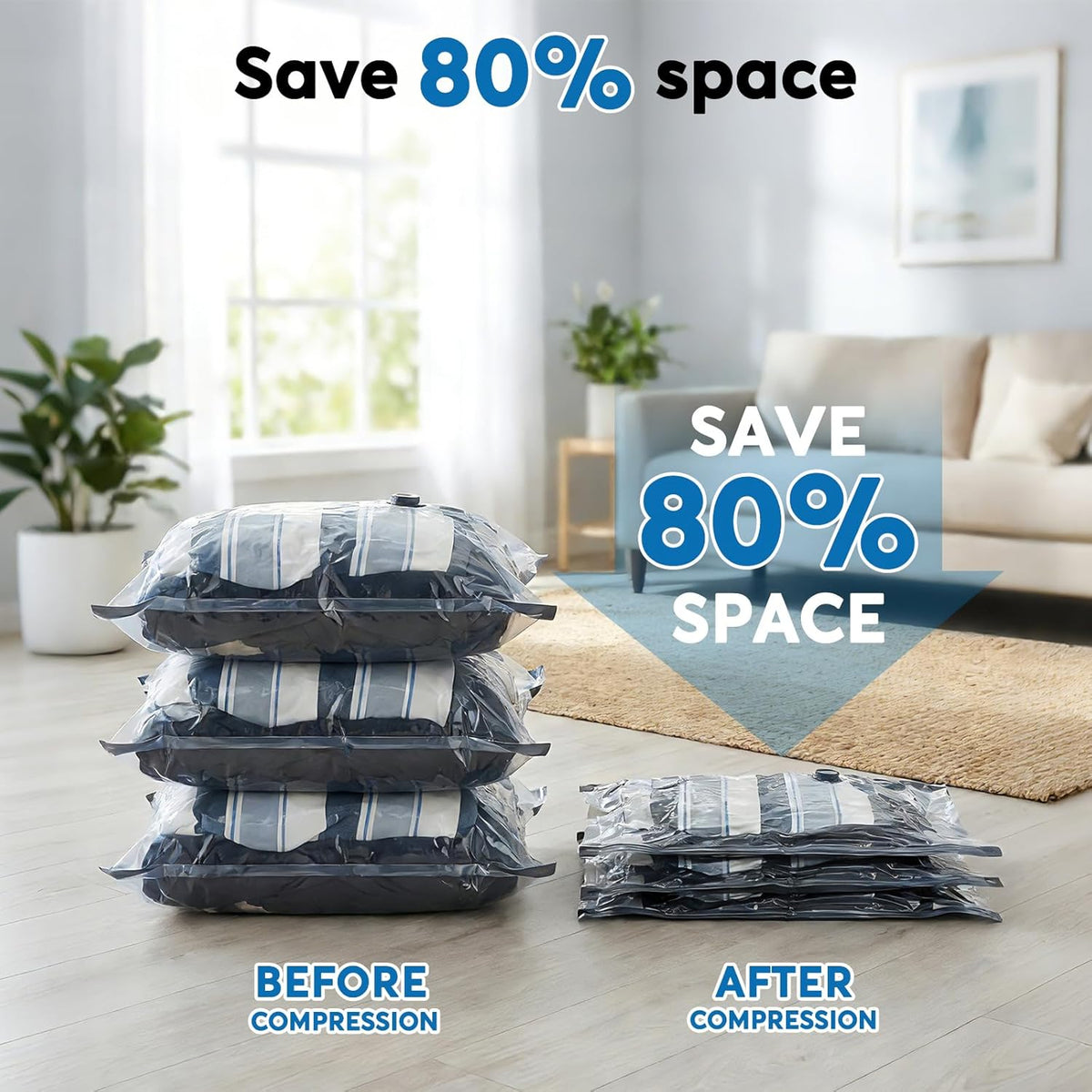 Travel Vacuum Bags with -60000Pa LED Pump, 18 Pack Vacuum Seal Bags for Clothing Travel in 3 Combo Sizes, Vacuums Storage Bags for Clothes, save 80% of Space (18 Combo)