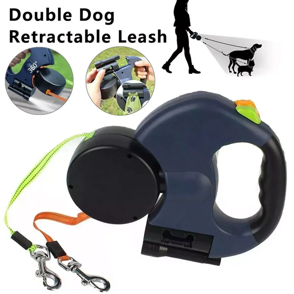 Dual Retractable Dog Leash for 2 Dogs – 360° Swivel, No-Tangle, Reflective