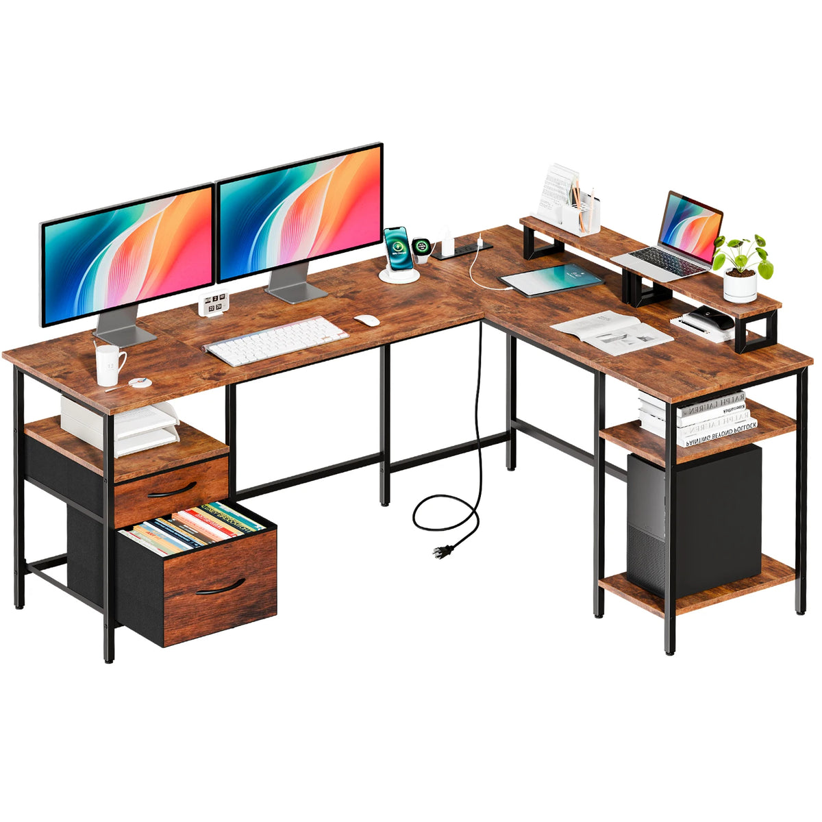 62IN L Shaped Computer Desk with 2 Drawers Wood Table with Adjustable Storage Shelves Charging Station Desk for Office