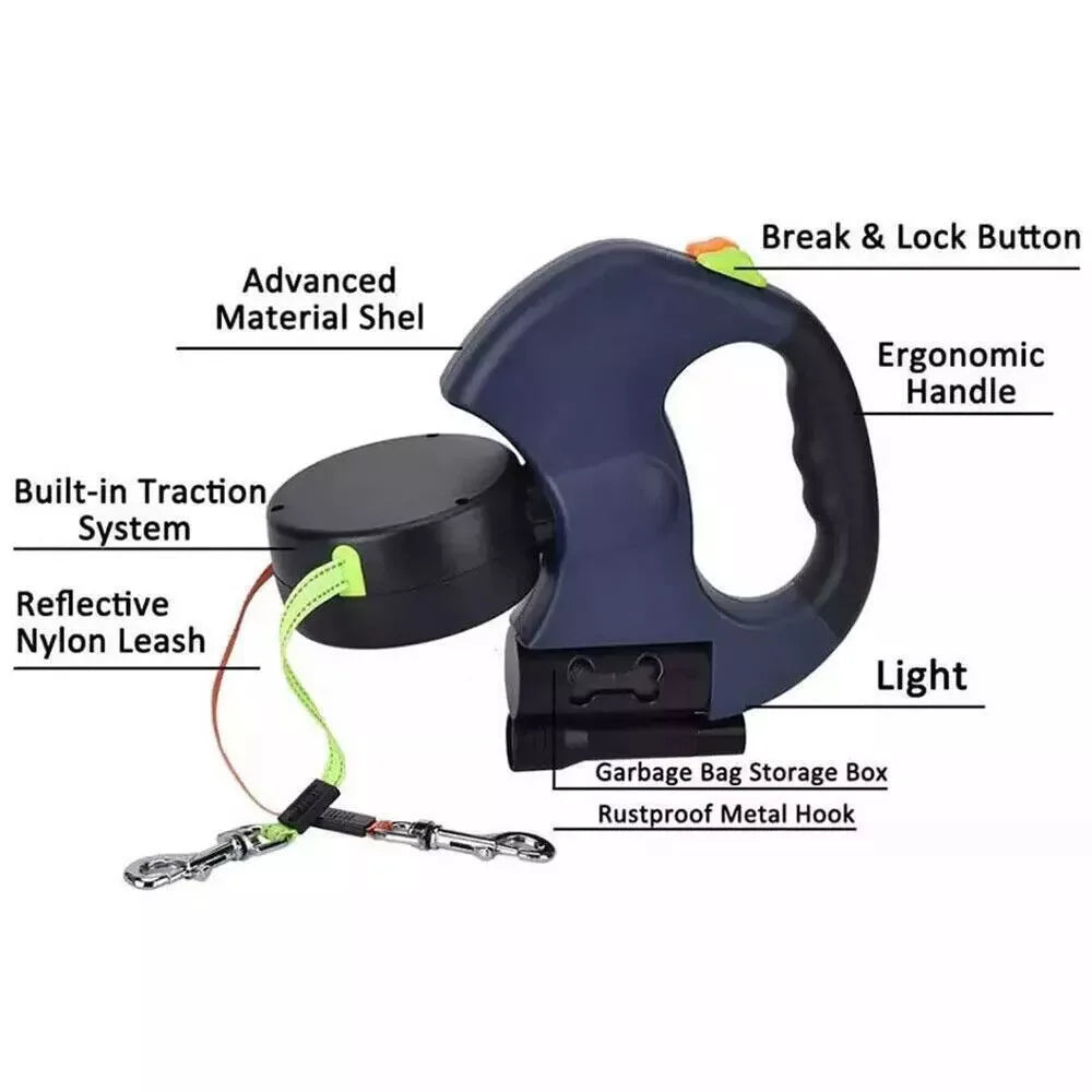 Dual Retractable Dog Leash for 2 Dogs – 360° Swivel, No-Tangle, Reflective