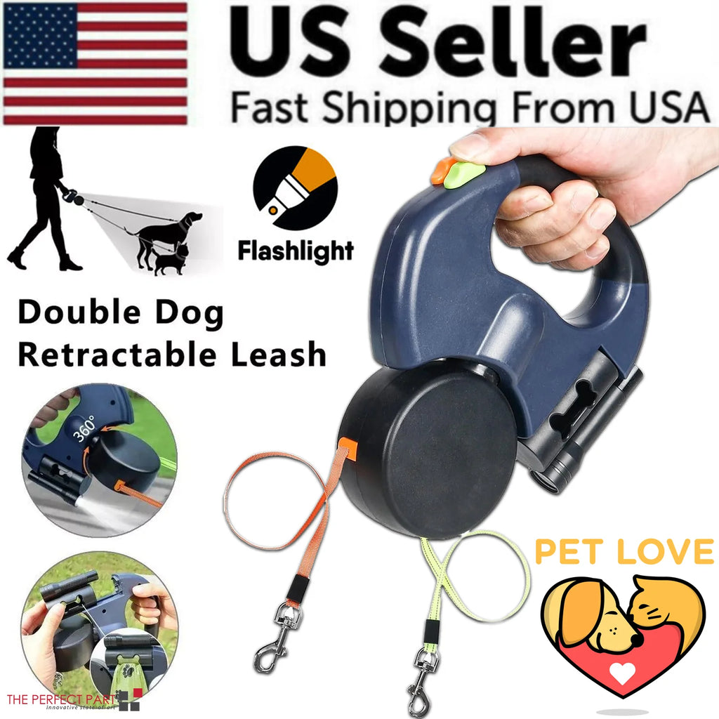 Dual Retractable Dog Leash for 2 Dogs – 360° Swivel, No-Tangle, Reflective