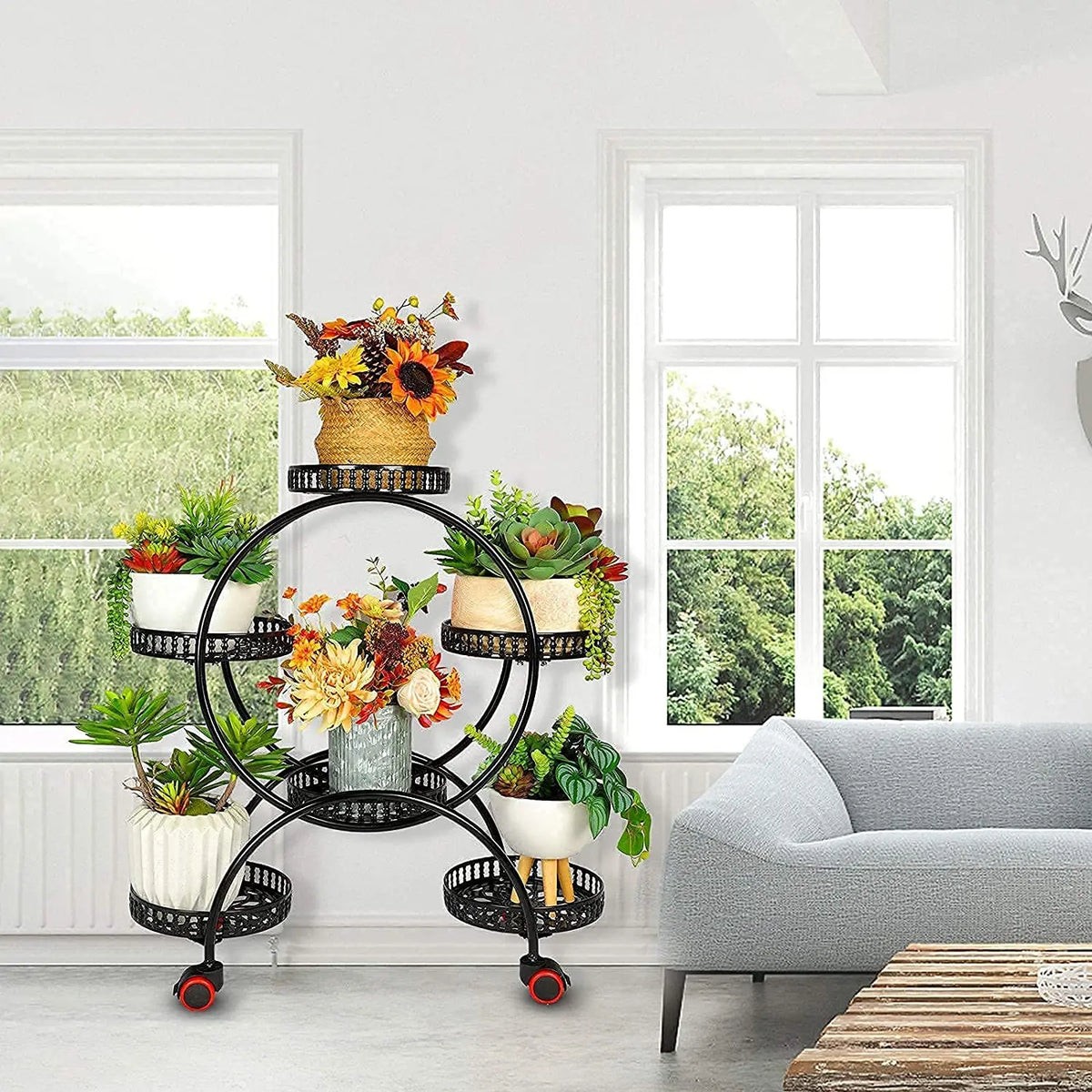 6 Pot Metal Plant Stand with Wheels