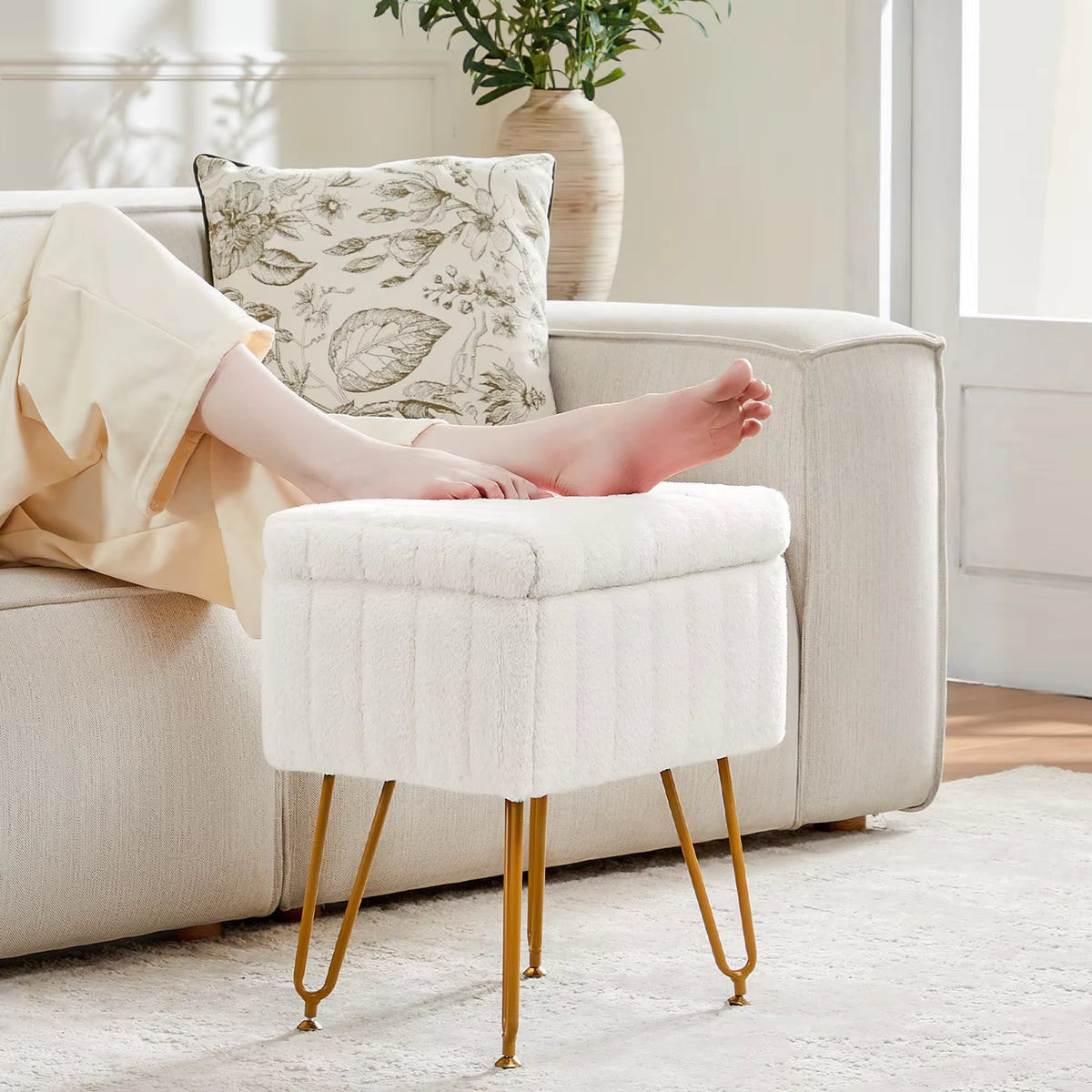 Faux fur storage ottoman