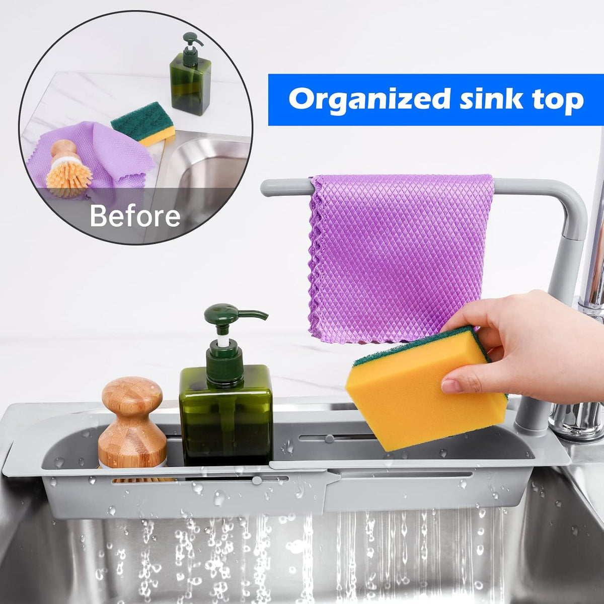 Telescopic Expandable Over-Sink Organizer with Towel Hanger